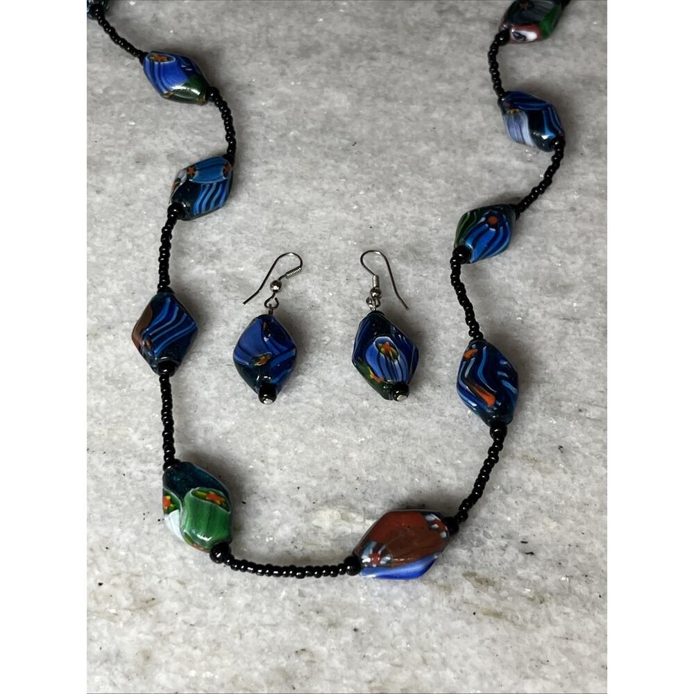 Art Deco Glass Millefiori Beaded Necklace & Earrings Set Diamond Shape Colorful